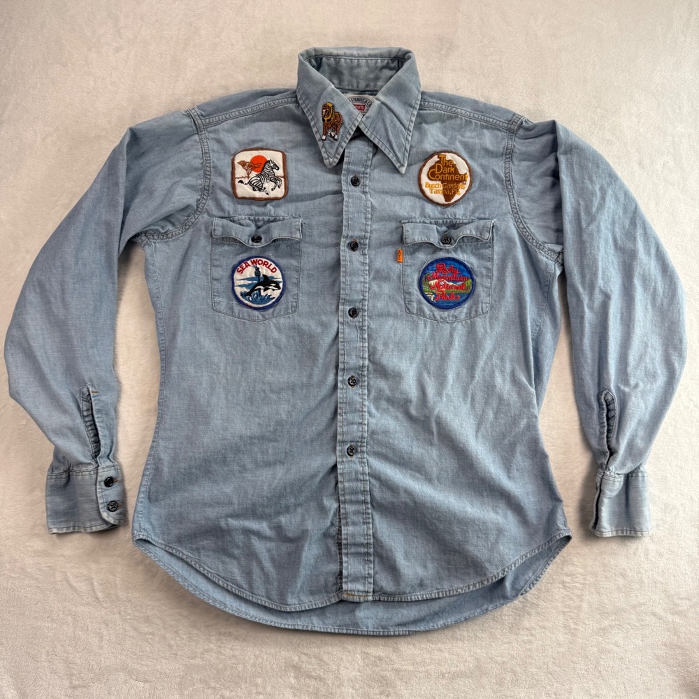 Levis Denim Shirt‎ Orange tab Patches Souvenir Tourist Attractions L READ